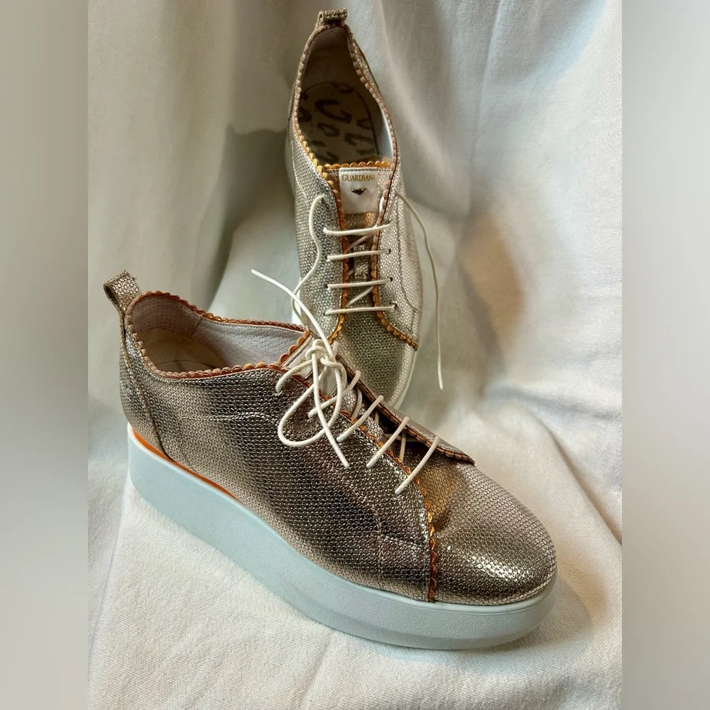 Alberto Guardiani Metallic Silver Gold Platform Sneakers Scallop Trim EU 40 US 9